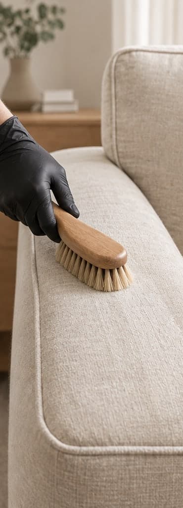 Mano con guante cepillando el brazo de un sofá de lino claro