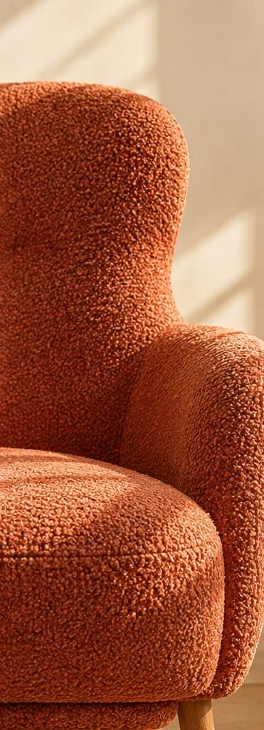 Poltrona de bouclé terracota con luz de tarde