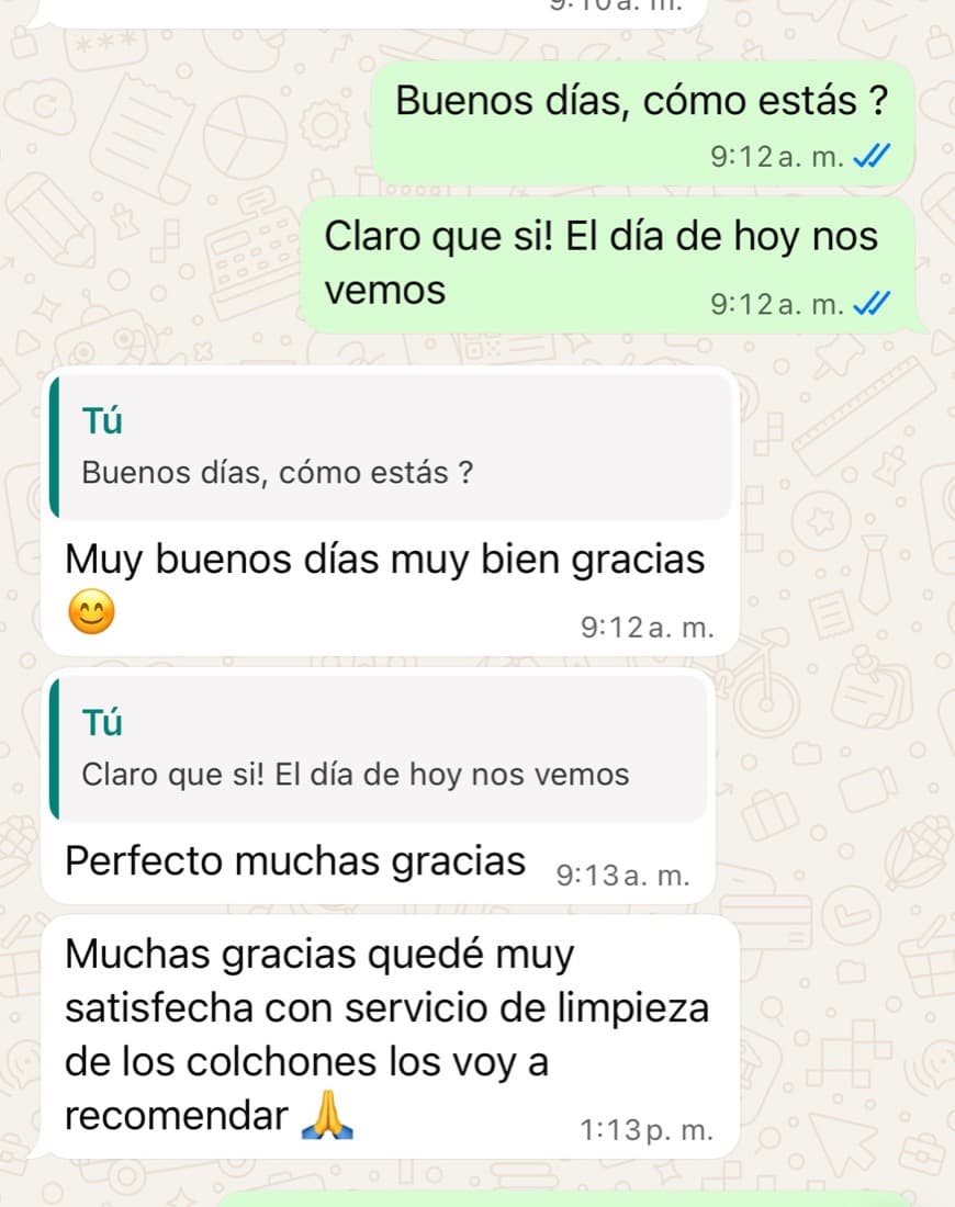 Mensaje de una clienta por WhatsApp: quedó muy satisfecha con la limpieza de sus colchones