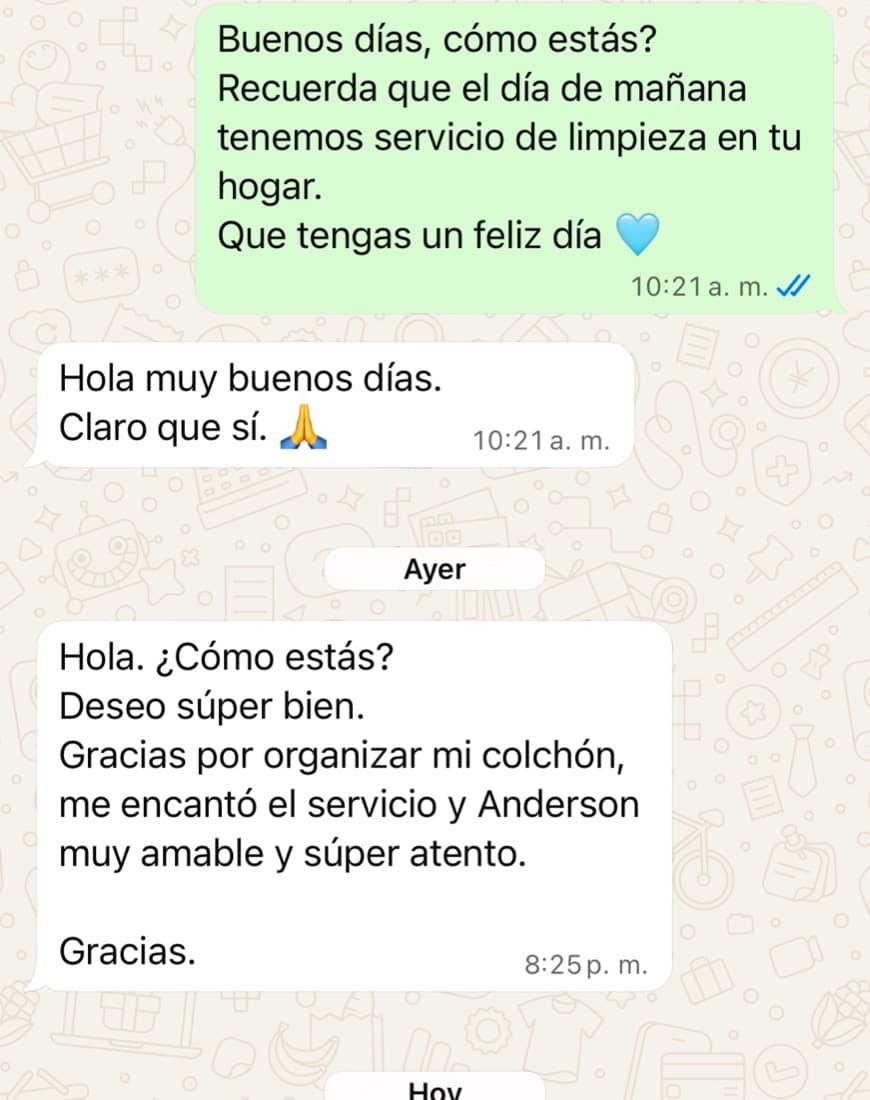 Mensaje de una clienta por WhatsApp agradeciendo el lavado de su colchón